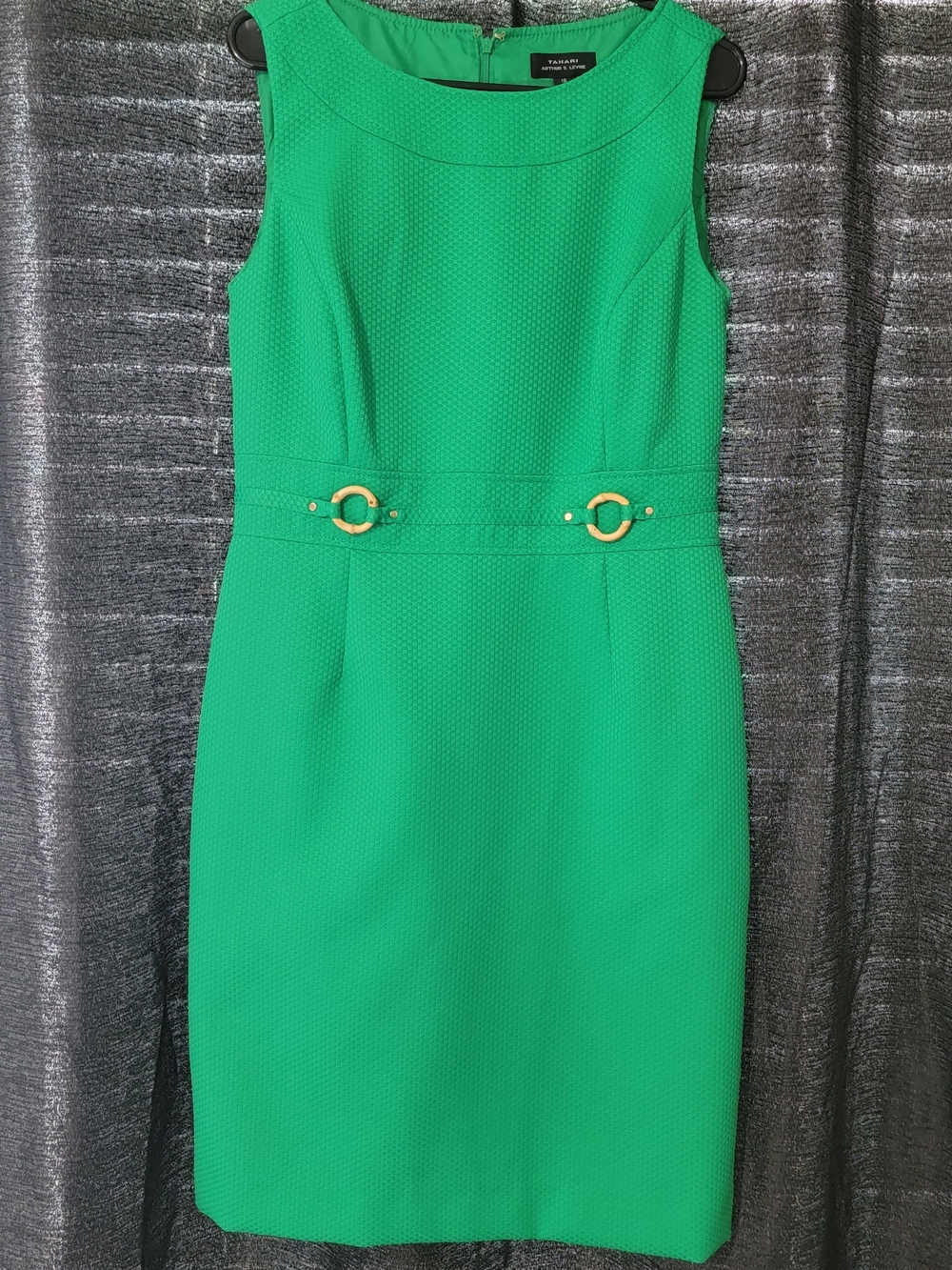 Tahari ASL Green Sheath Dress with Gold Accent